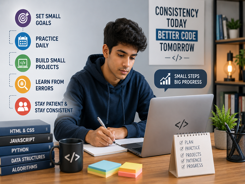 Beginner learning coding consistently through daily practice and hands-on projects.