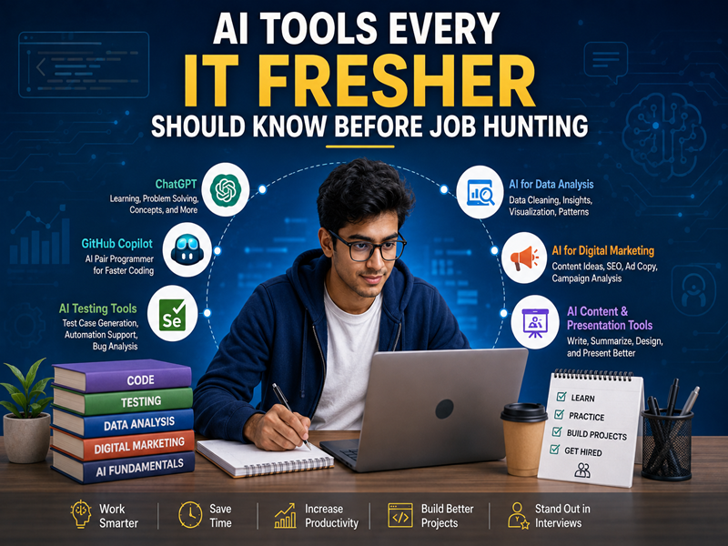 IT fresher using AI tools for coding, testing, data analysis, and digital marketing