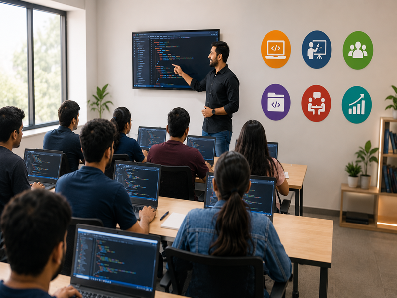 Modern IT training classroom with students learning coding from an instructor at Floating Minds Institute in Hadapsar, Pune