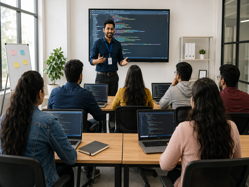 IT students attending a coding class with an instructor in a modern training classroom.