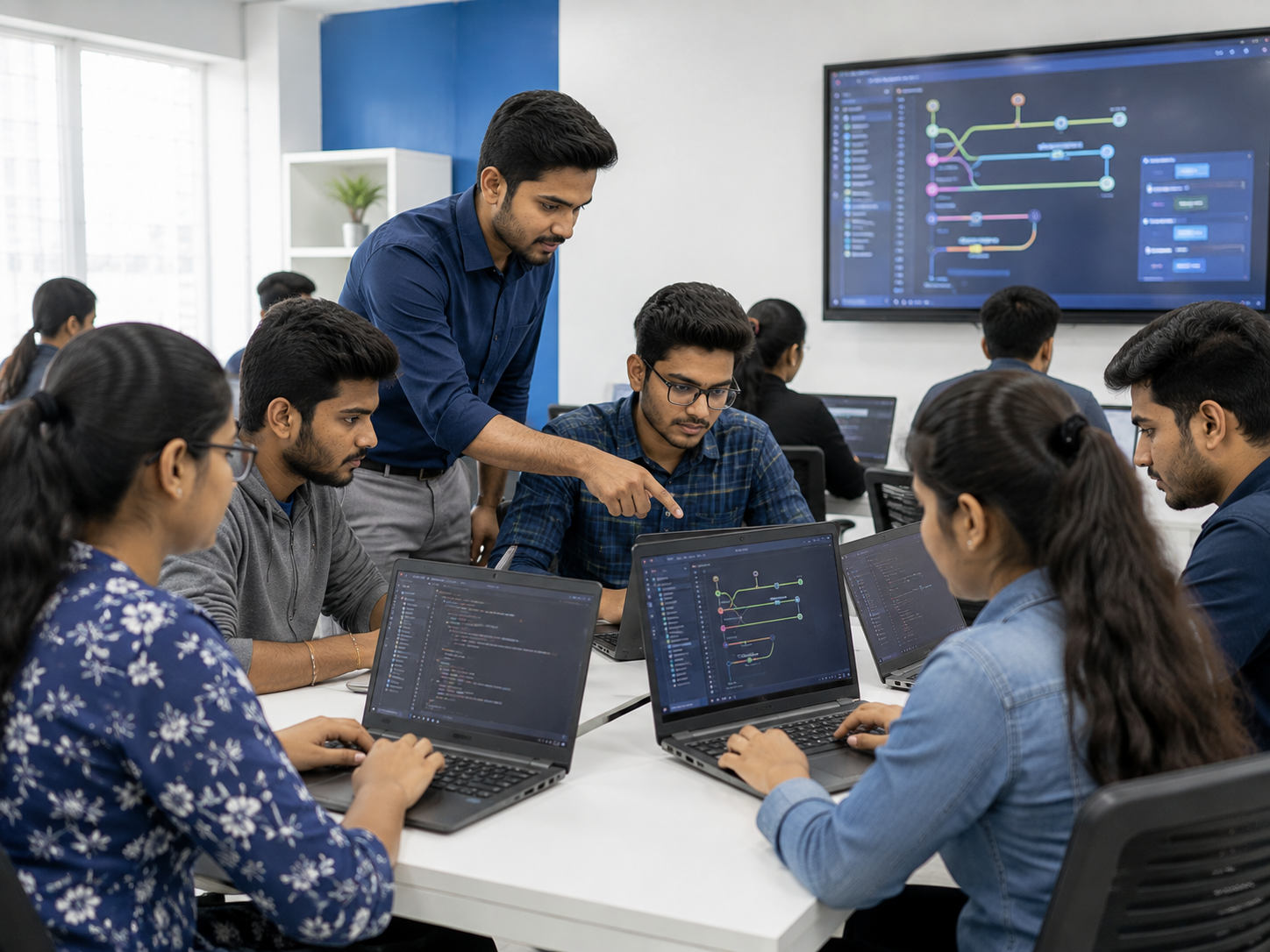 Indian IT students learning Git and GitHub in a modern computer lab