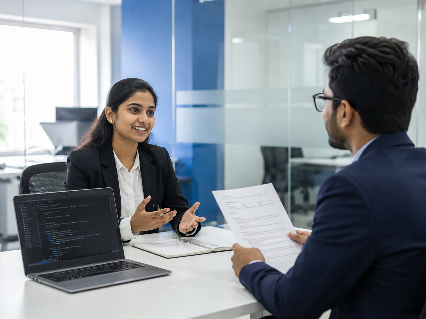 HR interviewer interacting with an IT fresher during a job interview