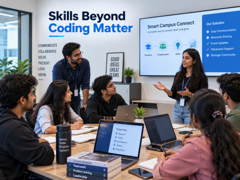 IT students developing communication and teamwork skills at the Best IT Training Institute in HadapsarStrong communication and teamwork skills help IT students succeed beyond technical interviews.