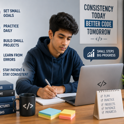 Beginner learning coding consistently through daily practice and hands-on projects.