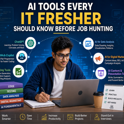 IT fresher using AI tools for coding, testing, data analysis, and digital marketing