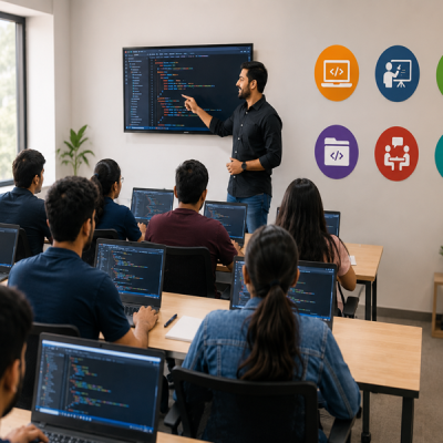 Modern IT training classroom with students learning coding from an instructor at Floating Minds Institute in Hadapsar, Pune