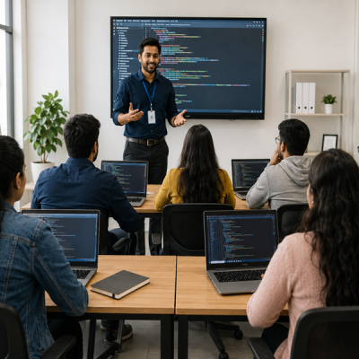 IT students attending a coding class with an instructor in a modern training classroom.