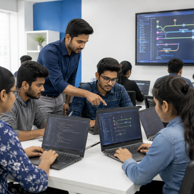 Indian IT students learning Git and GitHub in a modern computer lab