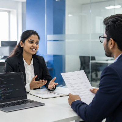 HR interviewer interacting with an IT fresher during a job interview
