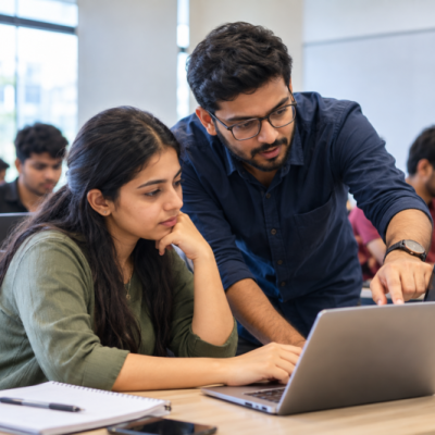 IT student asking a technical question at the Best software Training Institute in Hadapsar